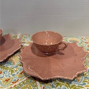 Vintage Woodfield Steubenville Set 2 Cups and Serving Saucers Dusty Pink Leaf.